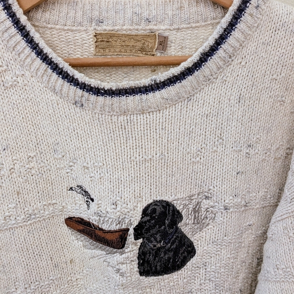 Vintage Embroidered Black Lab & Canoe Textured Chunky Crewneck Sweater In Ivory - Picture 3 of 12